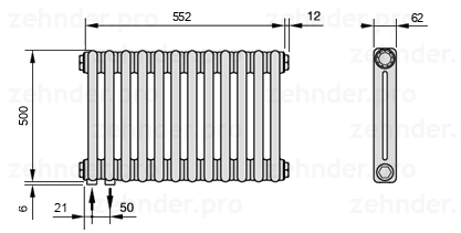 Схема (чертеж) Радиатор Zehnder Charleston 2050/12 №3370 Белый глянцевый RAL 9016